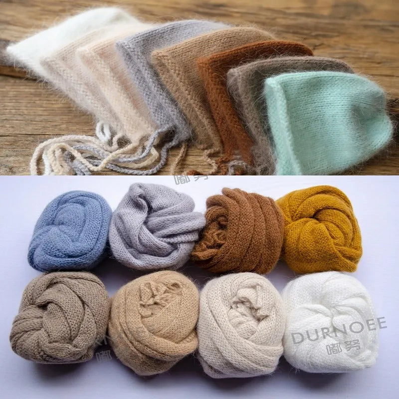 Newborn Photography Props Stretchable Wool Wrap Blanket Swaddling Handmade Hat Photo Shooting Accessories