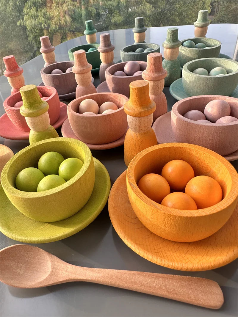 Sensory Wooden Montessori Toys Rainbow Pastel Sorting Bowls Dishes with Balls Acorns for Kids Play