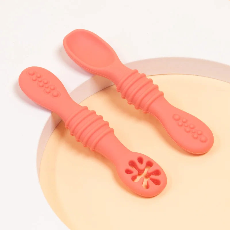 2 Pcs Baby Silicone Spoon Learning Spoon Set Solid Color Soft Silicone Feeding Spoon Training Baby Reborn Silicone Teether Toys
