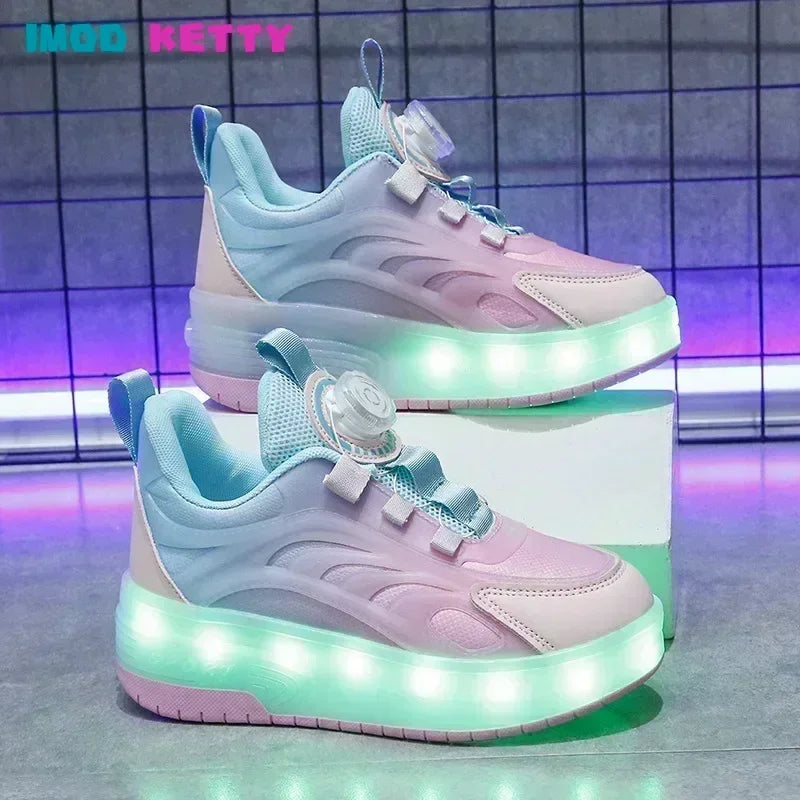 Children's Kids Boys Girls USB Charging Glowing Casual Sneakers Led Light Wheels Outdoor Parkour Roller Skate Shoes Sports For