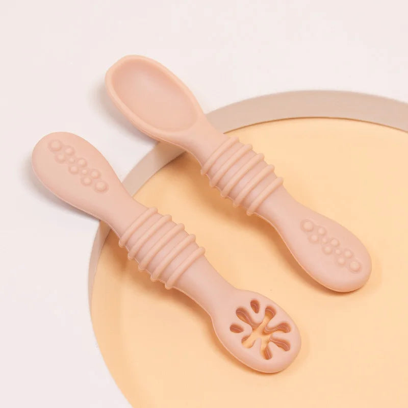 2 Pcs Baby Silicone Spoon Learning Spoon Set Solid Color Soft Silicone Feeding Spoon Training Baby Reborn Silicone Teether Toys