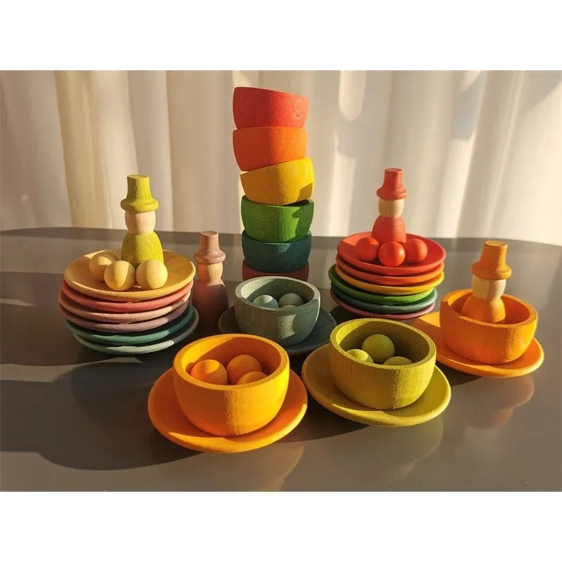 Sensory Wooden Montessori Toys Rainbow Pastel Sorting Bowls Dishes with Balls Acorns for Kids Play