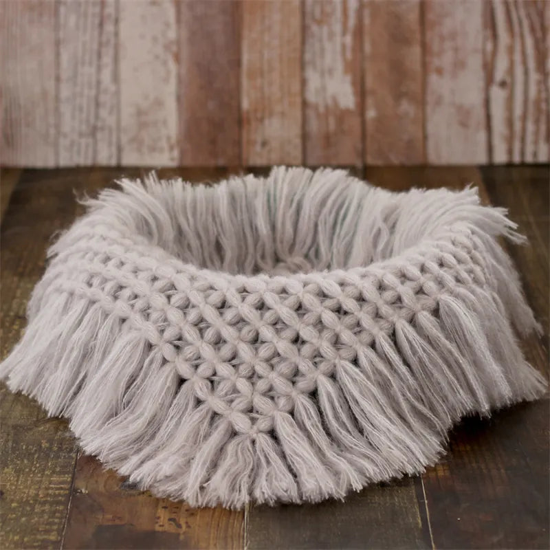 Newborn Baby Photography Blanket Basket Filler Mohair Knitted Mat 50cm Square Rug Photo Props Cushion Tassels Decoration Blanket