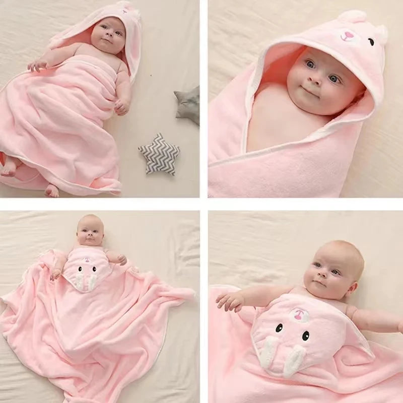 Newborn Kids Bathrobe Solid Color Cartoon Coral Fleece Super Soft 80cm Toddler Baby Hooded Bath Towel Bathrobe Swaddle Blanket