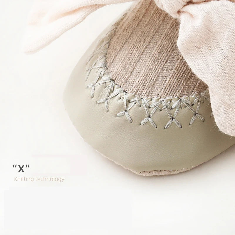 Spring Autumn Baby Girls PU Sole Floor Socks Non-Skid Infant Toddler Big Bow-Knot Stockings Newborn Winter Lace Socks Shoes