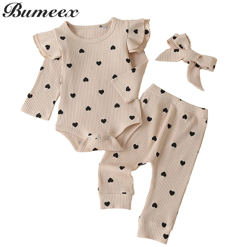 Valentine's Infant Newborn Baby Girl Spring Autumn Ribbed Solid Clothes Sets Ruffles Long Sleeve Bodysuits + Pants 3Pcs Outfits