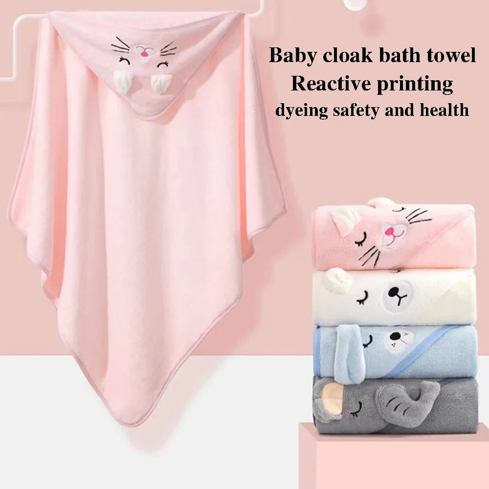 Newborn Kids Bathrobe Solid Color Cartoon Coral Fleece Super Soft 80cm Toddler Baby Hooded Bath Towel Bathrobe Swaddle Blanket