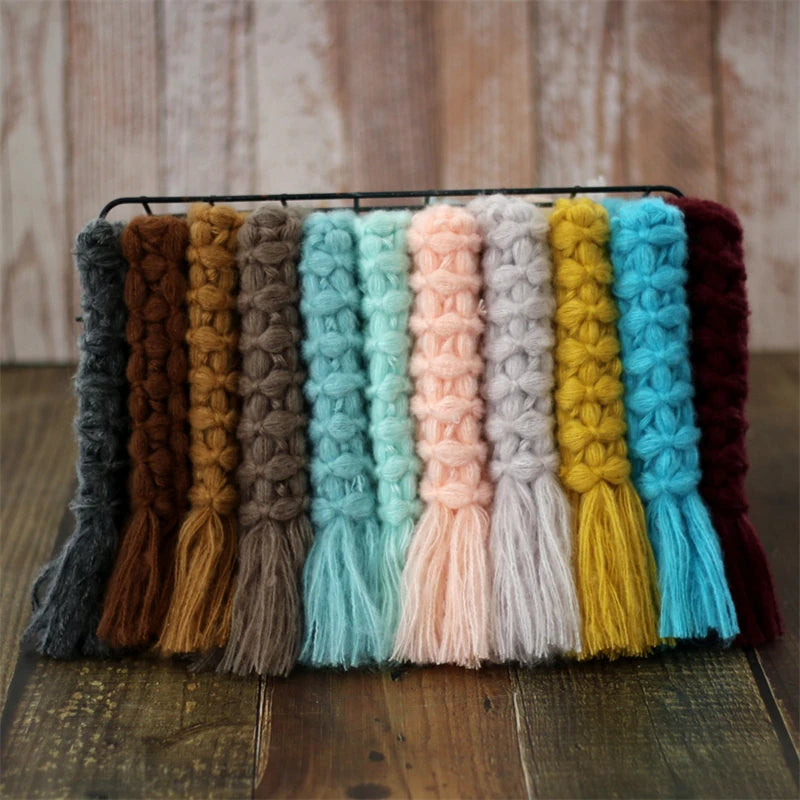 Newborn Baby Photography Blanket Basket Filler Mohair Knitted Mat 50cm Square Rug Photo Props Cushion Tassels Decoration Blanket